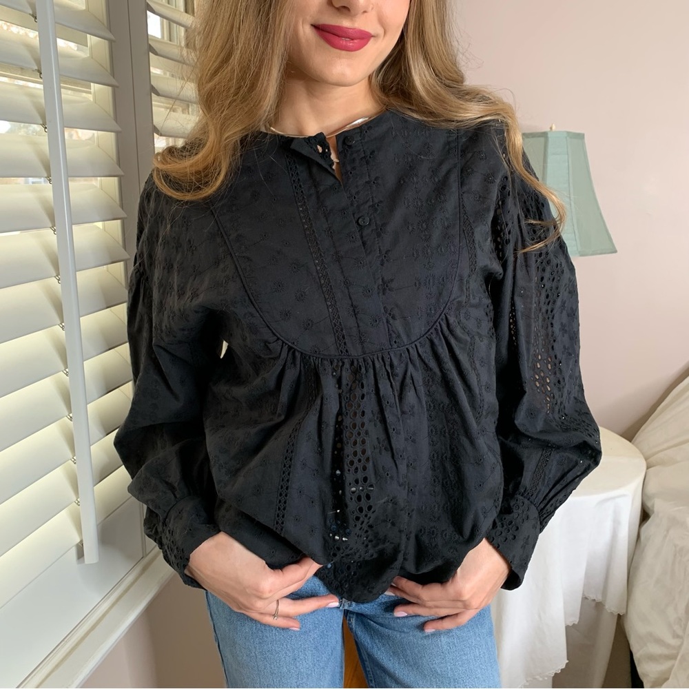 3 LEFT XS-M Chic Spring Black Eyelet Long Sleeve Blouse Shirt Top